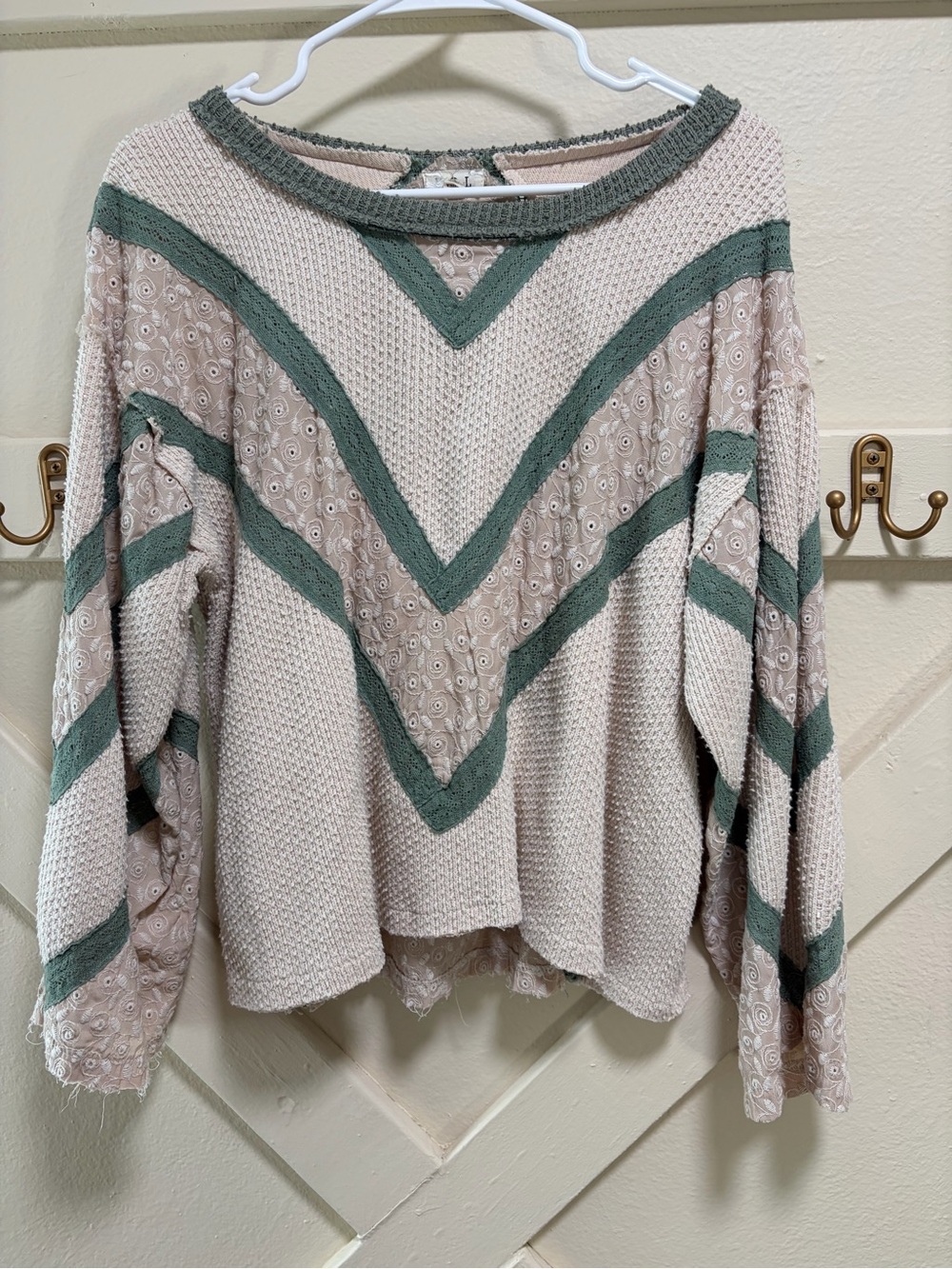 POL Textured Top with multiple textures in green, tan, and cream